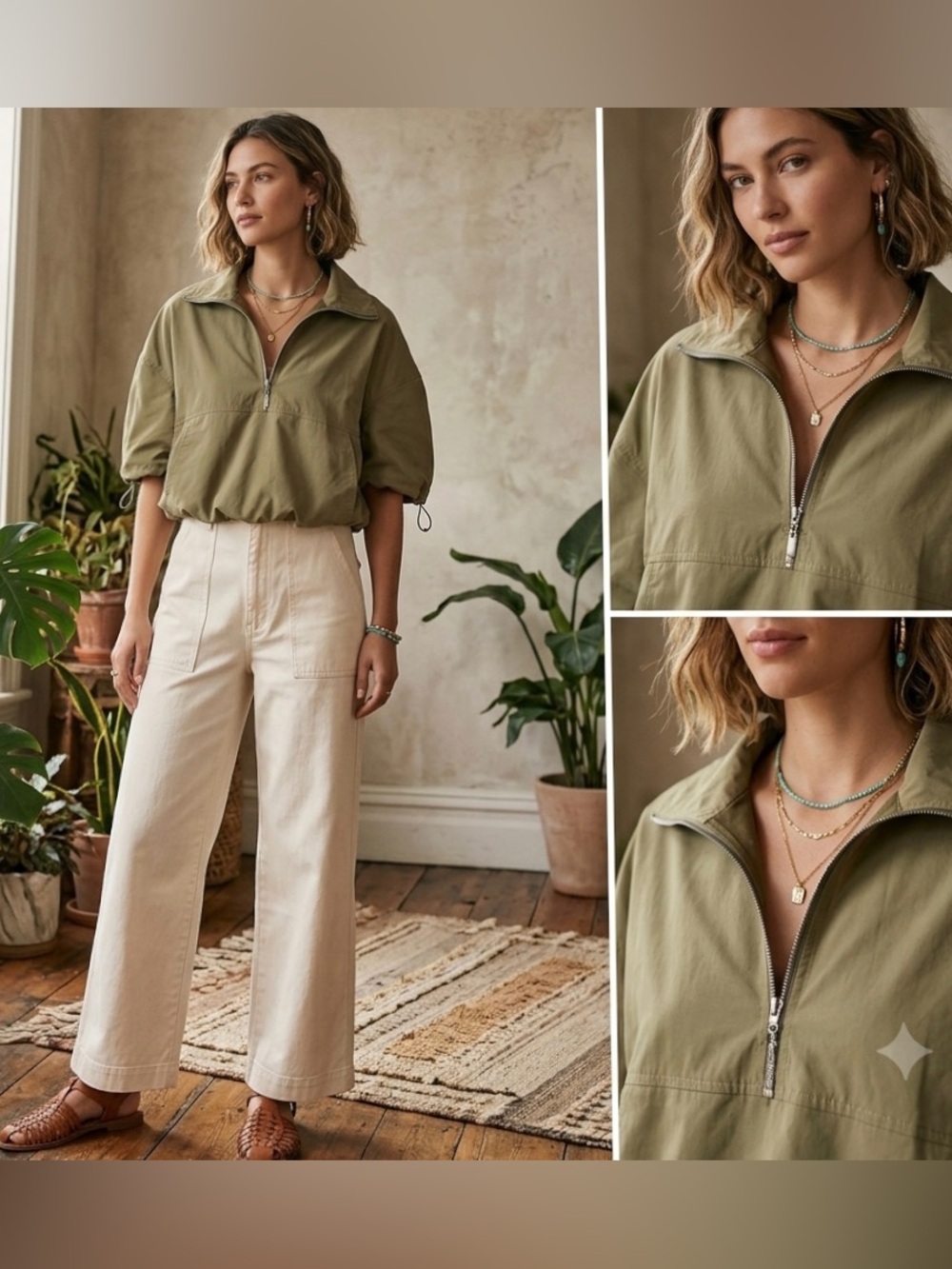 J Inc Olive Green Women's Cropped Half-Zip Anorak Utility Jacket Top M